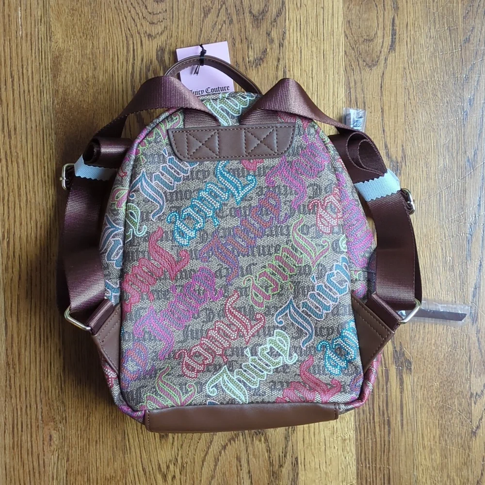 NWT Juicy Couture Graffiti Logo Mini Backpack Y2K Vibes Brown And Multicolor